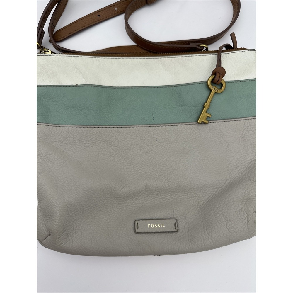 Fossil Leather Crossbody Bag Mint Cream White Colorblock Purse Stripe W Key 11x9